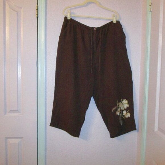 JM Collection LINEN Pull On Size 20W PANTS Wide Leg HIGH Embroidered POCKET Crop - Picture 1 of 9